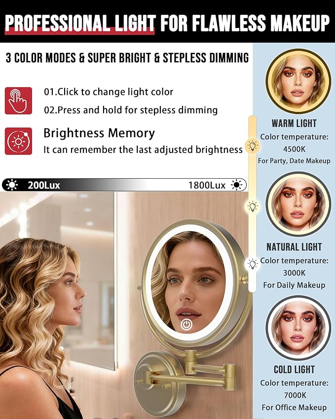 10" Rechargeable Wall Mounted Mirror Swing Arm Lighted, 1X/5X Double-Sided 3-Colors Touch Dimmable 2600 mAh Face Mirror Magnifying with Light Extended for Bathroom, Antique Brass