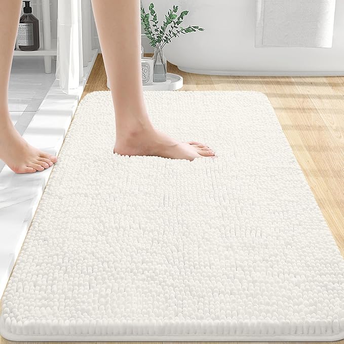 OLANLY Bathroom Rugs 35x24, Extra Soft Absorbent Chenille Bath Rugs, Rubber Backing Quick Dry, Machine Washable Bath Mats for Bathroom Floor, Tub and Shower, Home Decor Accessories, Ivory