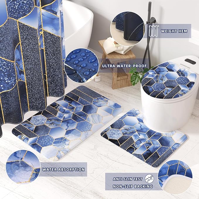 XLHOMO Bathroom Sets with Shower Curtain and Rugs - 4PC Navy Blue Geometric Shower Curtain Set with 12 Hooks, Toilet Cover, U-Shaped Mat and Rugs Modern Abstract Bathroom Accessories for Bathroom