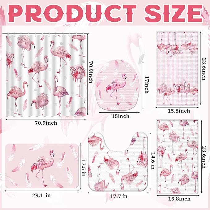Nuanchu 6 Pcs Flamingos Shower Curtain Set with Rug Pink Flamingos Bathroom Sets with Shower Curtain Bath Mat U Shaped Mat Toilet Lid Cover 2 Bath Towels and 12 Hooks Summer Bathroom Decor