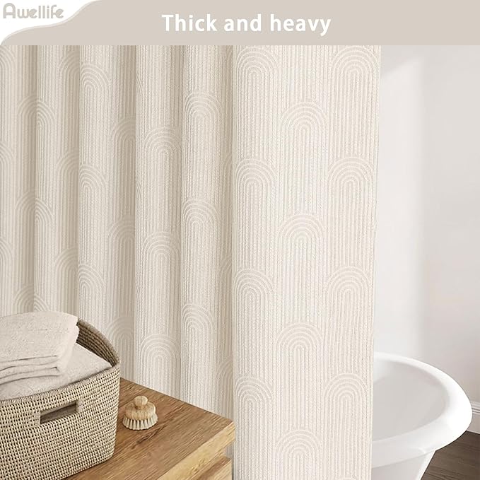 Cream Shower Curtain Cotton Boho Texture Mid Century Minimalist Arch Shower Curtain for Bathroom, Ivory,72" W X 72" L