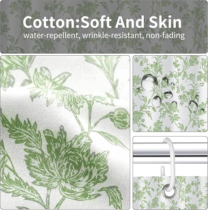Seorsok Green Shower Curtain,Sage Floral Cotton Linen Cottagecore,Elegant Floral Fabric Shower Curtain Machine Washable Waterproof Bathroom Decor 36'Wx72'L inches