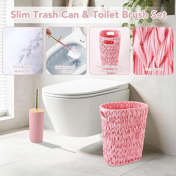 Bathroom Accessories Set, 25PCS Wicker Bathroom Accessory Set with Shower Curtain, Bath Mat, Soap Dispenser, Handwoven Trash Can & Ratten Tissue Box (Pink, Bath Set+Shower Curtain+Rugs)