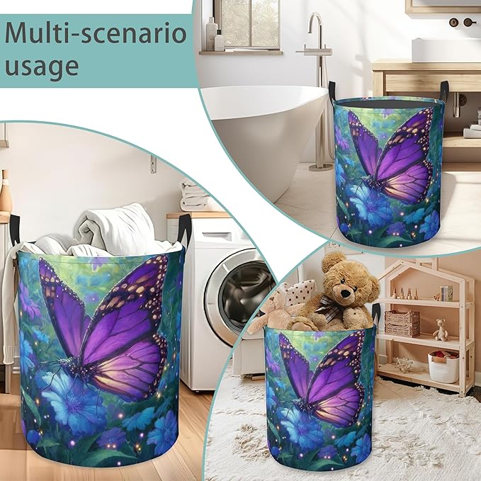 Laundry Hamper Foldable Oxford Cloth Purple Butterfly Flower Laundry Basket With Handle Portable Clothes Storage Organizer Basket Storage Bag For Laundry Room/Bedroom/Bathroom