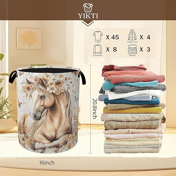 Horse Laundry Basket,Gold Flower Butterfly Clothes Hamper,Oxford Cloth Collapsible Nursery Hamper Storage Organization for Bedroom,Bathroom,Office,College Dorms,16x20 Inch
