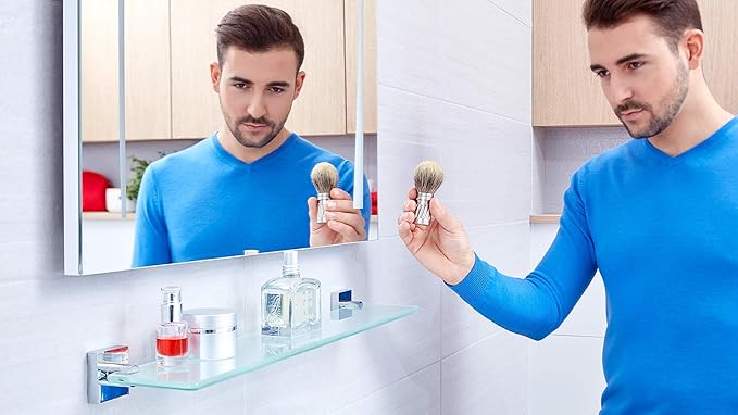 tesa EKKRO Glass Bathroom Shelf - No Drill Shelf Made of Satined Glass and Chrome-Plated Metal - Stainless - Waterproof - Includes Removable Adhesive Solution
