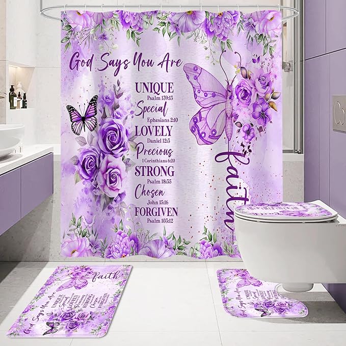 Litabel 4 Pcs Purple Butterfly Inspirational Quotes Shower Curtain Set with Rugs and Toilet Lid Cover, Colorful Boho Waterproof Fabric Bathroom Set, Bible Verse Floral Bathroom Decor Set Accessories