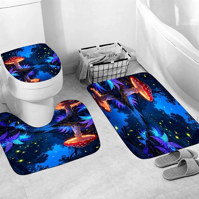 jieprom 4 Piece Blue and Purple Shower Curtain Set with Rugs, Magical Red Mushroom & Glowing Forest Art, Fantasy Aesthetic Waterproof Fabric Bathroom Decor with Non-Slip Mats & Toilet Lid Cover