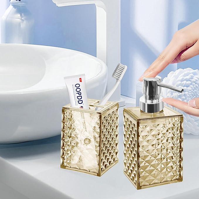 2PCS Beige Bathroom Accessories. Contain Soap Dispenser and Toothbrush Holder Set. Boho Bathroom Set for Blue Bathroom Décor