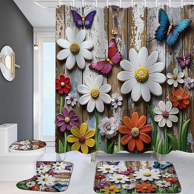 ZLQQ 4Pcs Daisy Butterfly Shower Curtain Sets with Rugs Garden Bathroom Set with Non-Slip Rugs Toilet Lid Cover and Bath Mat Vintage Shower Curtain with 12 Hooks, Durable Bathroom Decor Set