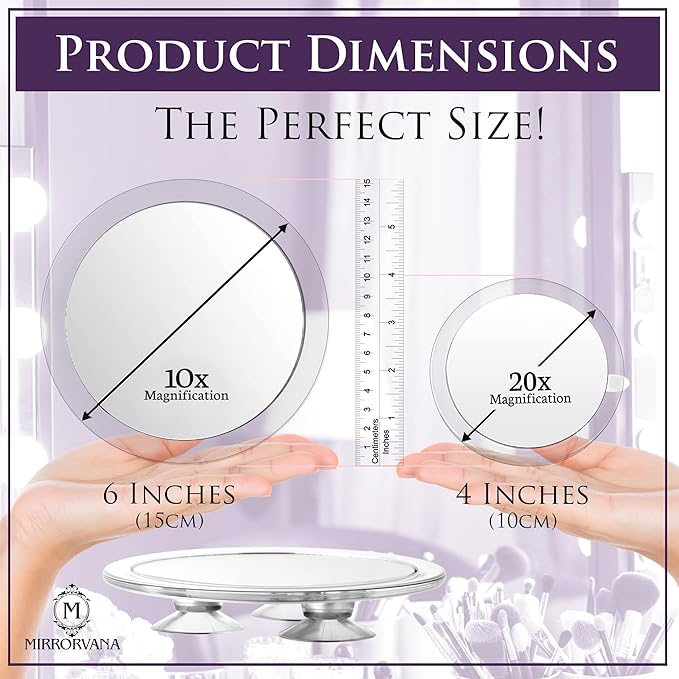 MIRRORVANA 20X & 10X Magnifying Mirror Set with 3 Suction Cups Each - Compact & Travel Ready Mirror for Makeup - Sizes: 6" and 4" Wide