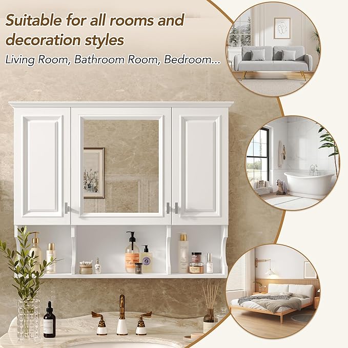 Virubi Bathroom Wall Cabinet with Mirror, Medicine Cabinet with 3 Doors and Adjustable Shelf, Space Saver Storage Cabinets Over The Toilet for Bathroom (35'' x 28'') (White)