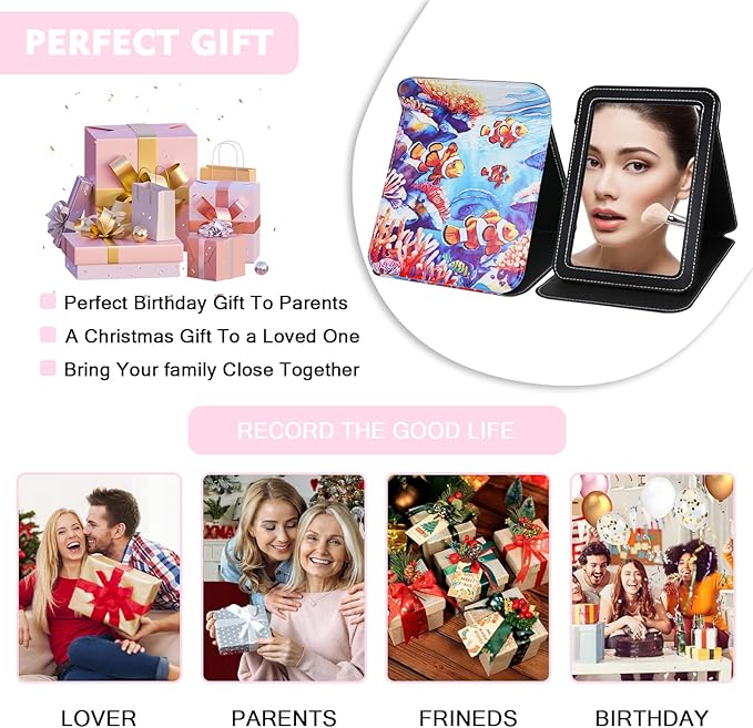 Portable Folding Makeup Mirror, 9x7 Inch PU Leather Desk Foldable Travel Mirror, Multi-Angle Rectangular HD Vanity Mirror with Adjustable Stand for Traveling Office Table Camping Home Rounded Corners