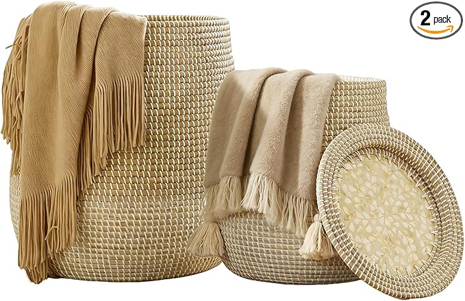 Laundry Hamper Basket with Lid - 2 Pack Natural Seagrass Handmade Storage Hamper, Removable Washable Liner, Storage Basket for Clothes Toys, Decorative Organizer for Bedroom, Bathroom, Living Room