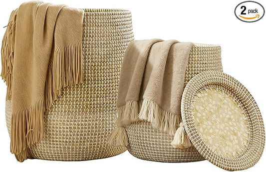 Laundry Hamper Basket with Lid - 2 Pack Natural Seagrass Handmade Storage Hamper, Removable Washable Liner, Storage Basket for Clothes Toys, Decorative Organizer for Bedroom, Bathroom, Living Room