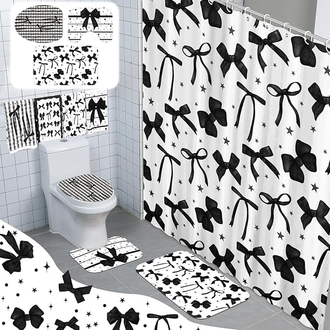 FuWeave 8 Pcs Black Shower Curtain Set Aesthetic Bow Knot Bathroom Decor Pretty Coquette Waterproof Shower Curtain Modern Minimalist Towels Non Slip Rug Toilet Lid Cover Bath Mat with 12 Hooks