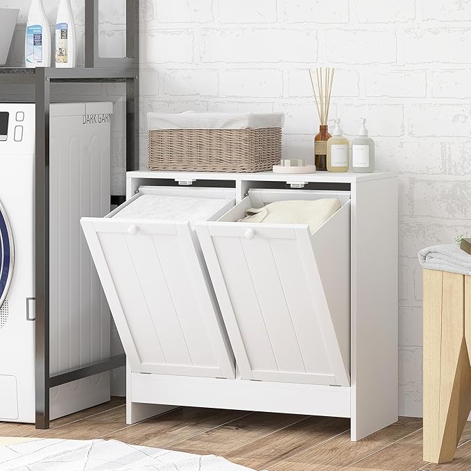 kleankin Double Tilt Out Laundry Hamper Cabinet with Storage, 19 Gallon Hidden Trash Can Cabinet with 2 Doors for Bathroom, Kitchen, White