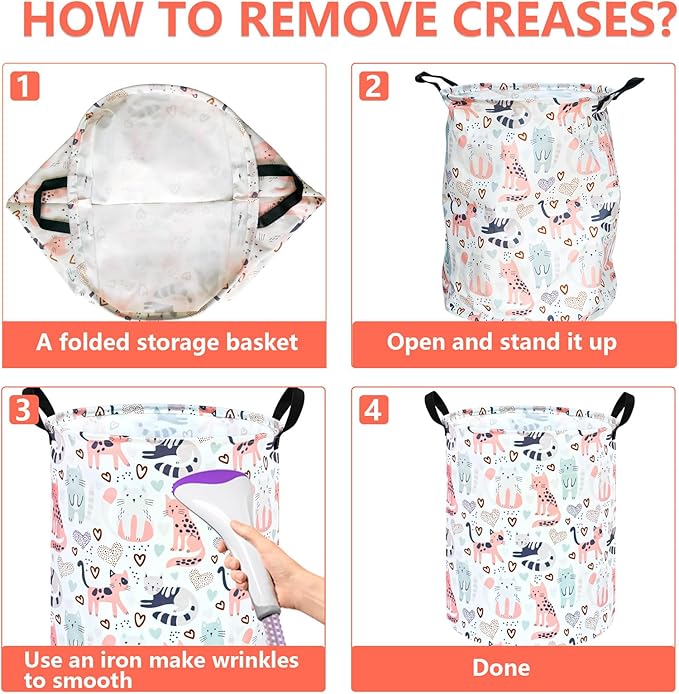 KUNRO Round Cat Laundry Gift Basket Storage Hamper, Clothes Storage Organizer Bins, Shelf Basket with Handles for Room Decor