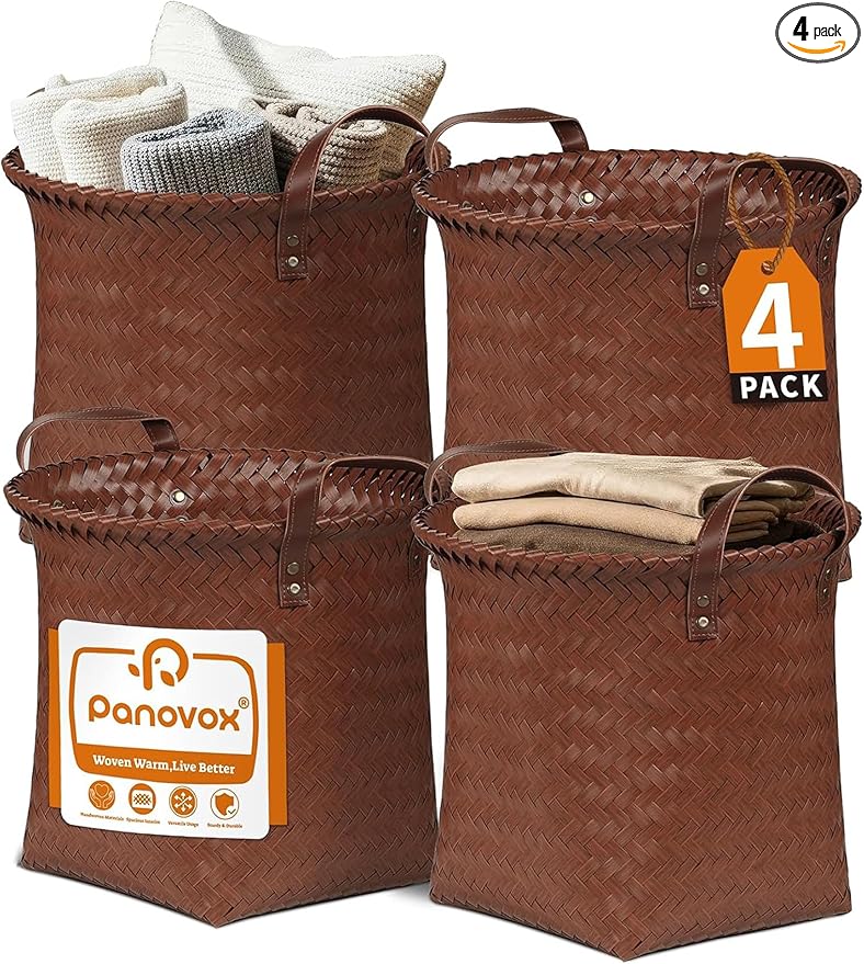 Hand Woven Baskets for Storage, 4Pcs Water-Resistant Wicker Baskets, Brown Wicker Storage Baskets for Shelves, Large Basket with Handle for Organizing, Closet, Laundry, Blanket - Round