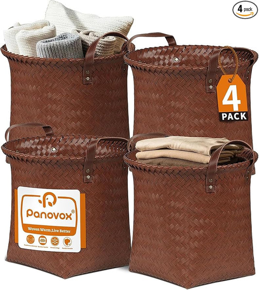 Hand Woven Baskets for Storage, 4Pcs Water-Resistant Wicker Baskets, Brown Wicker Storage Baskets for Shelves, Large Basket with Handle for Organizing, Closet, Laundry, Blanket - Round