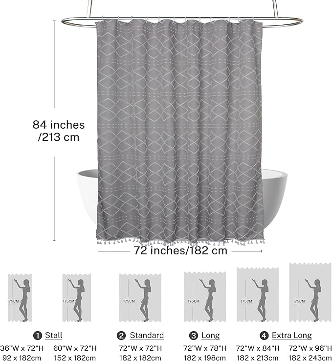 Extra Long Boho Grey Shower Curtain with Tassels 72 x 84, Tufted Chevron Striped Chenille Woven Fabric Cloth Shower Curtain Modern Farmhouse Minimalist, Shabby Chic Textured for Bathroom