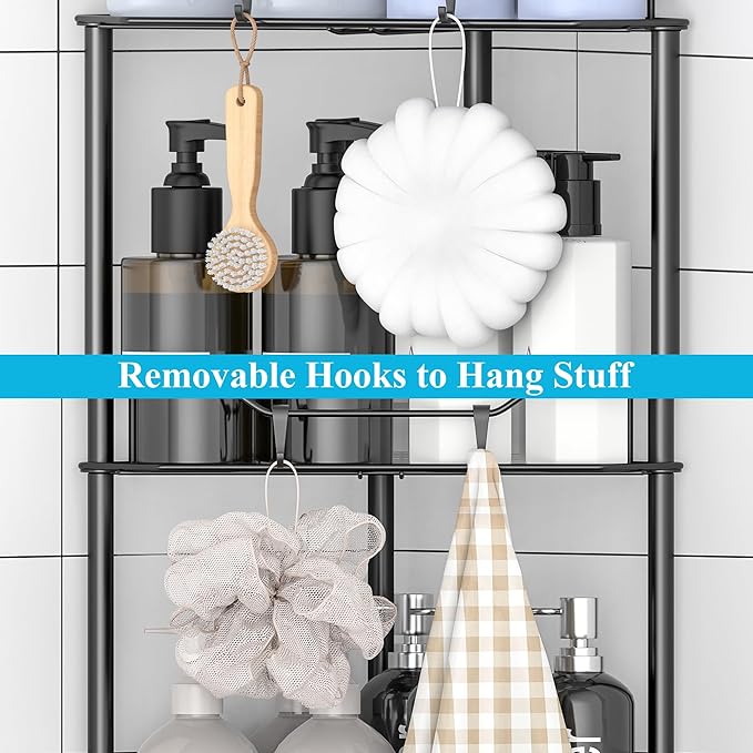 HuggieGems 2 Tier Floor Standing Corner Shower Caddy Organizer Shelf with Hooks, Bathroom Shelves Stand Rack, Black