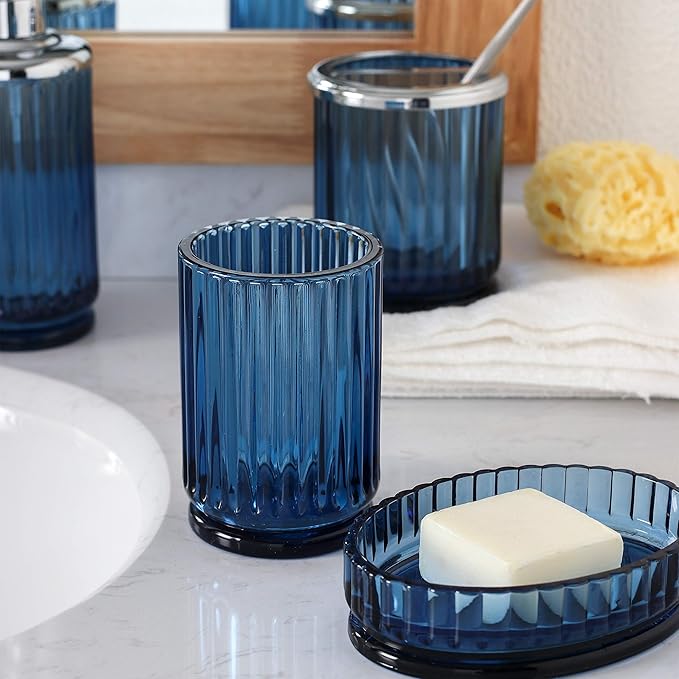4PCs Heavy Weight Decent Blue Glass Bathroom Accessories Set with Decorative Pressed Pattern - Includes Hand Soap Dispenser & Tumbler & Soap Dish & Toothbrush Holder (Cobalt Blue)