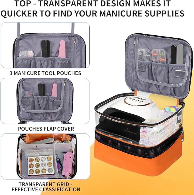 Beloving Clear Nail Polish Organizer, Double-Layer Nail Polish Bag Organizer Case Holds 30 Bottles and Nail Dryer, Nail Organizers and Storage for Manicure Tools-Orange