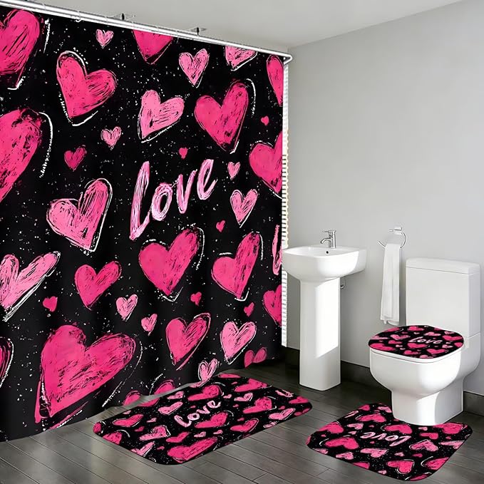 DDQQ 4 Pcs Pink Heart Shower Curtain Set Love Bathroom Sets with Shower Curtain and Rugs Romantic Bathroom Decor Accessories Bathroom Rugs Toilet Lid Cover with Hooks