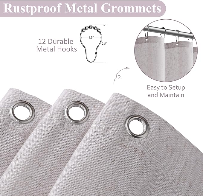 Naturoom Champagne Linen Shower Curtain, Cloth Textured Fabric Shower Curtain Set with Hooks, Simple Elegant Modern Farmhouse Country Ultra Thick Bath Curtains for Bathroom,Water Repellent,72x80