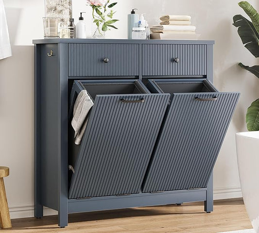 Airynee Double Tilt-Out Laundry Hamper Cabinet with 2 Drawers, 20 Gallon Fluted Trash Can Cabinet with Laundry Basket, Hidden Wood Garbage Can Bin Cabinets for Bathroom & Kitchen, Grey