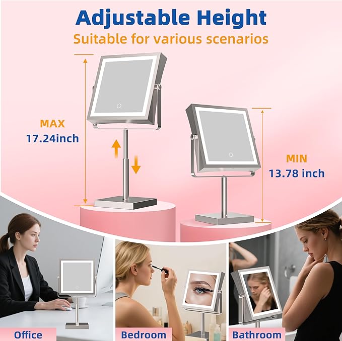 Ruacq Makeup Mirror with Lights, 4000mAh Rechargeable Magnifying Mirror with Light, 1X/10X, Height Adjustable Bathroom Vanity Mirror, 3 Colors, Adjustable Brightness (Brushed Nickel)