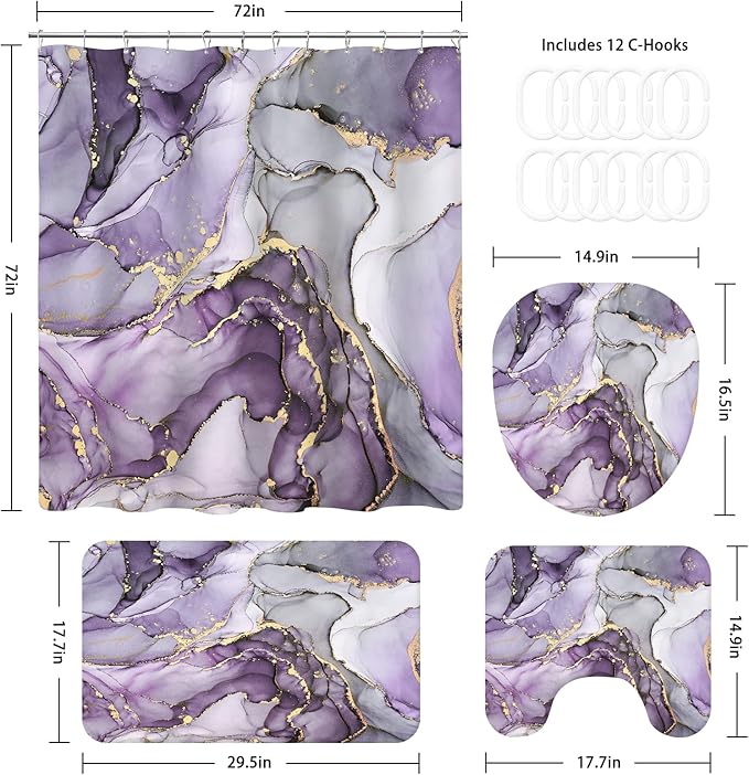 4PCS Purple Gold Marble Bathroom Sets with Shower Curtain and Rugs, Abstract Gold Shower Curtain Sets with Rugs, Modern Bathroom Curtains Shower Set with Toilet Lid Cover