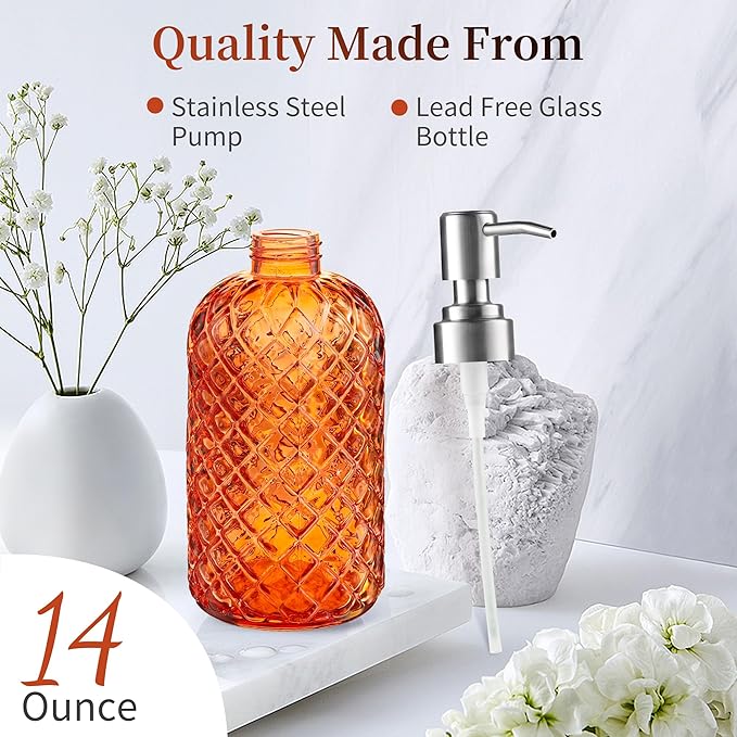 14 Oz Refillable Glass Soap Dispenser with Rust Proof Stainless Steel Pump, for Dispense Hand soap, Body wash, Lotion (Orange)