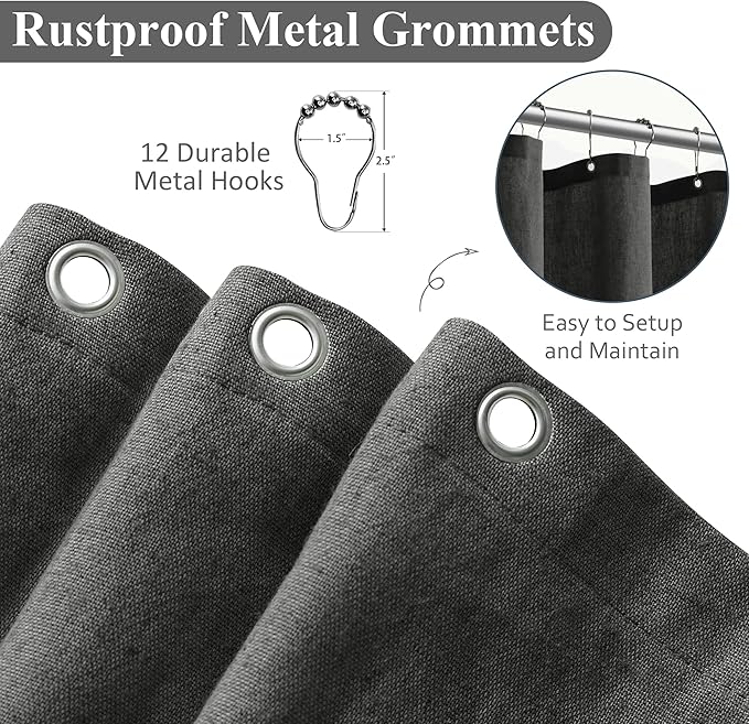 Naturoom Dark Grey Linen Shower Curtain, Country Boho Farmhouse Bath Decor Shower Curtains Neutral Cloth Weighted Textured Fabric Bath Curtain Liner with Hooks, 72x80