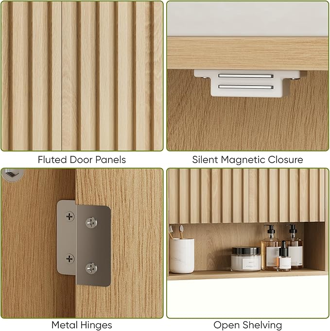 Smart FENDEE Bathroom Wall Storage Cabinet with Fluted Doors, Medicine Cabinet with Adjustable Shelf, Over The Toilet Storage Cabinet for Laundry Room & Kitchen & Living Room, Natural Oak