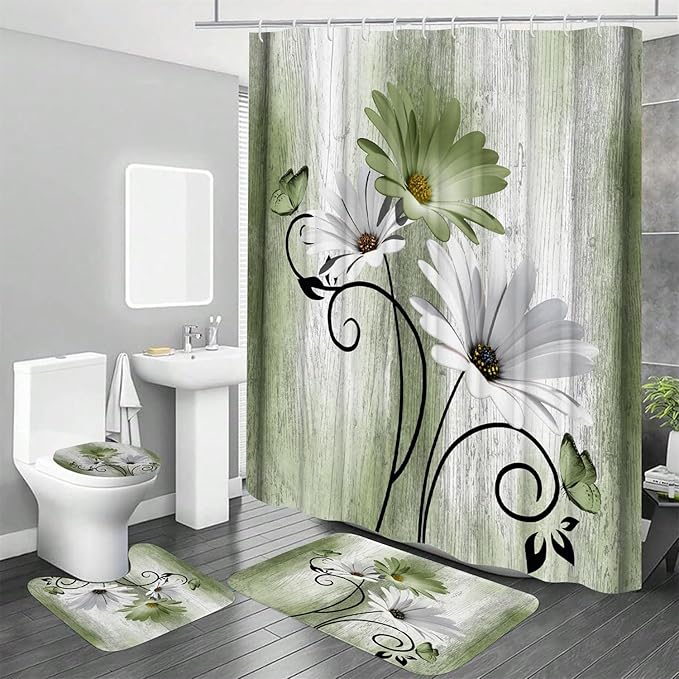 Onalasyc 4PCS Grass Green Daisy Flowers Butterfly Shower Curtain Set with Shower Curtain and Carpet and Accessories, Waterproof Bathroom Shower Curtain Decorative Set with 12 pcs Hooks,71 x 71in