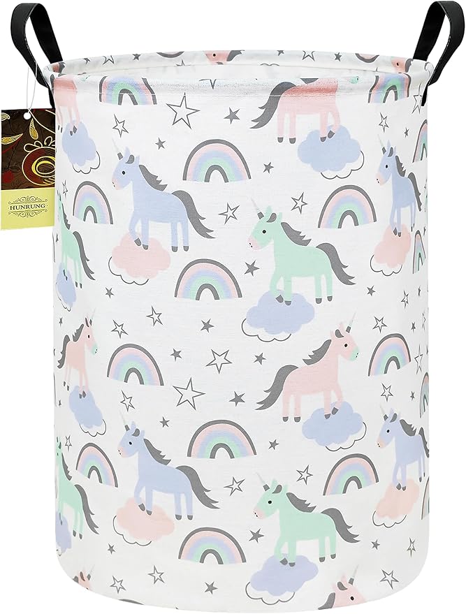 HUNRUNG Laundry Hamper,Large Canvas Fabric Lightweight Storage Basket Toy Organizer Dirty Clothes Collapsible Waterproof for College Dorms???Round-Star Unicorn???