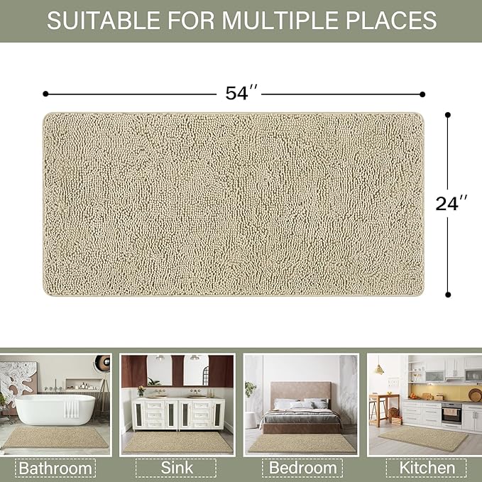 LOCHAS Luxury Bathroom Rug Shaggy Bath Mat 24 x 54 Inch, Washable Non Slip Bath Rugs for Bathroom Shower, Soft Plush Chenille Absorbent Carpets Mats, Beige