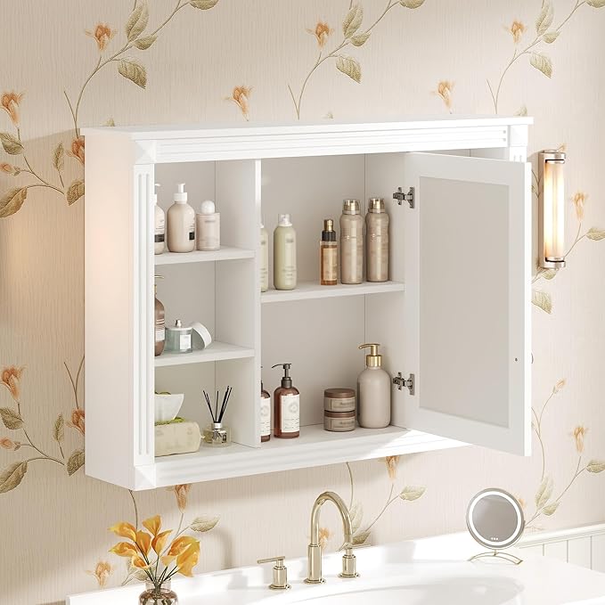 Merax Bathroom Medicine Cabinet with Mirror Door & Adjustable Shelf, 42" x 28" Wall Mounted Bathroom Storage Cabinet with Mirror, Over The Toilet