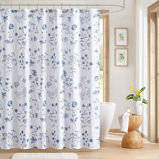 Martha Stewart Martha's Garden Shower Curtain Botanical Floral Print Cotton Shower Curtain for Bathroom, Spa Quality Modern Shower Curtains Standard Size, 72x72 Blue