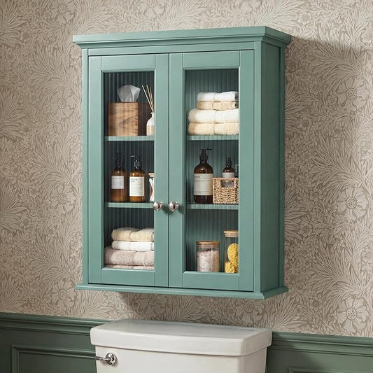 Wall Mounted Bathroom Cabinet with Fluted Glass Doors, Medicine Cabinet with Soft-Close Hinges, Space Saving Wall Organizer for Bathroom Above Toilet Storage (Halcyon Green)