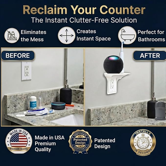 BeraTek Power Perch Wall Outlet Shelf with Cord Storage Strap - Declutter & Reclaim Counter Space - Bathroom Shelf Alexa Holder, Charging Stand, Apple Homepod Mini Wall Mount - White, 1-Pack