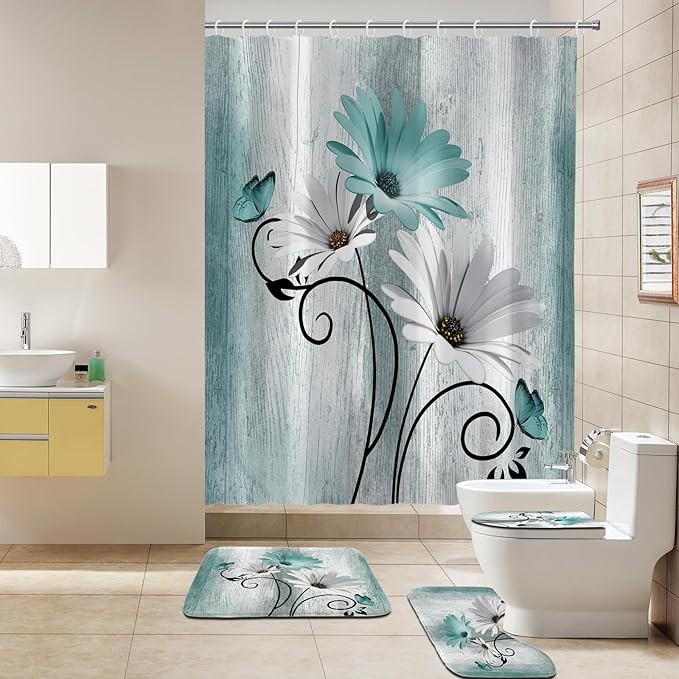 Onalasyc 4PCS Teal Daisy Country Farmhouse Shower Curtain Set with Shower Curtain and Carpet and Accessories, Waterproof Bathroom Shower Curtain Decorative Set with 12 pcs Hooks,71 x 71in
