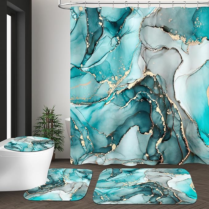 4PCS Teal Blue Marble Shower Curtain Sets with Rugs, Gold Abstract Bathroom Sets with Shower Curtain and Rugs, Modern Bathroom Curtains Shower Set with Accessories for Bathroom Decor