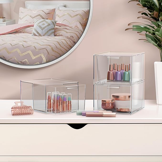 Sorbus Clear Stackable Storage Drawers - 8 Pack Acrylic Drawer Organizer for Vanity, Bathroom Makeup Organizer, Kitchen Cabinets, Undersink - Plastic Storage Bins for Home Organization and Storage
