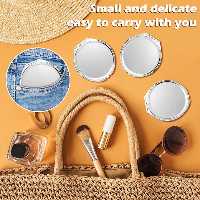 Yalikop 8 Pcs Compact Travel Mirror Set - 1X & 2X Magnification Double Sided Mini Makeup Mirror, Folding Round Purse Mirrors for Women & Bridesmaid Gifts (Silver)
