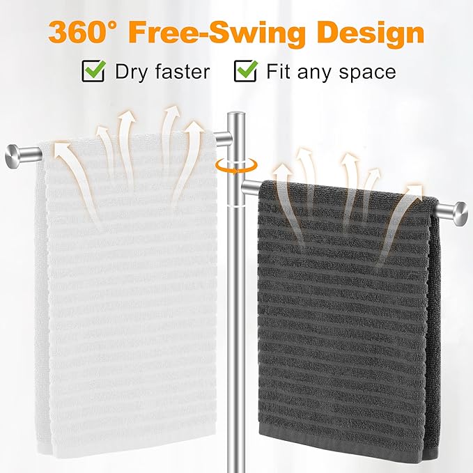 Hand Towel Holder for Bathroom, Stainless Steel Double Hand Towel Holder Stand with Marble Base for Kitchen Countertop, Freestanding Brushed Nickel 360?? Swivel 2 Arms Towel Bar Drying Rack, YOFOVI