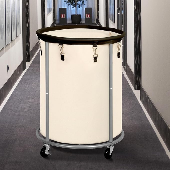 STO STO Rolling Laundry Hamper with Wheels – 185L (48 Gallon) Extra Large Industrial Clothes Laundry Basket with Removable Bag, Round Cart Sorter for Bedroom, Hotel, Beige & Brown
