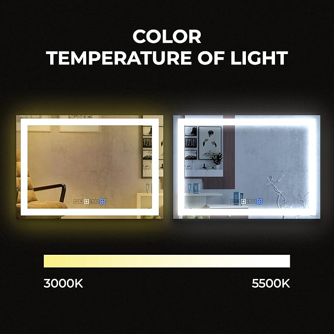 24x36 Inch Rectangular LED Bathroom Mirror with Lights Front and Backlit, 3 Color Modes, Touch Dimmer, Anti-Fog - Wall Mounted Vanity Mirror for Bathroom, Bedroom - Fab Glass and Mirror